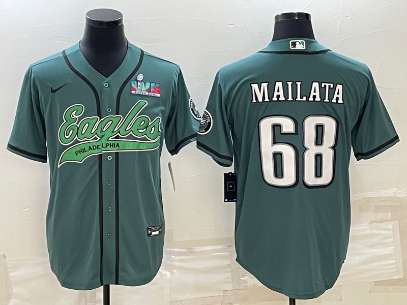 Men's Philadelphia Eagles #68 Jordan Mailata Green With Super Bowl LVII Patch Cool Base Stitched Baseball Jersey Men's Philadelphia Eagles #68 Jordan Mailata Green With Super Bowl LVII Patch Cool Base Stitched Baseball Jersey